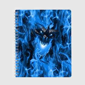 Тетрадь с принтом Дракон в синем пламени Dragon in blue flame в Новосибирске, 100% бумага | 48 листов, плотность листов — 60 г/м2, плотность картонной обложки — 250 г/м2. Листы скреплены сбоку удобной пружинной спиралью. Уголки страниц и обложки скругленные. Цвет линий — светло-серый
 | dragon | дракон | миф | монстр | огонь | пламя | фэнтези