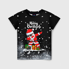 Детская футболка 3D с принтом Santa Dabbing с подарками. в Новосибирске, 100% гипоаллергенный полиэфир | прямой крой, круглый вырез горловины, длина до линии бедер, чуть спущенное плечо, ткань немного тянется | 2022 | dabbing | happy new year | merry christmas | santa dabbing | год тигра | зима близко | нг | новогодний | новый год | новый год 2022 | рождество | символ 2022 года | снег | снежинки