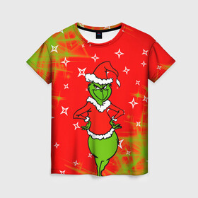 Женская футболка 3D с принтом Новогодний Grinch на танцполе. в Новосибирске, 100% полиэфир ( синтетическое хлопкоподобное полотно) | прямой крой, круглый вырез горловины, длина до линии бедер | 2022 | grinch | happy new year | merry christmas | год тигра | гринч | зима близко | нг | новогодний | новый год | новый год 2022 | рождество | снег | снежинки