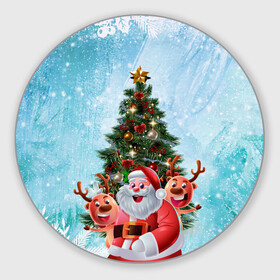 Круглый коврик для мышки с принтом Санта и олени в Новосибирске, резина и полиэстер | круглая форма, изображение наносится на всю лицевую часть | Тематика изображения на принте: new year | арт | графика | дед мороз | елка | зима | новый год | олени | рождество | санта