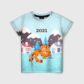 Детская футболка 3D с принтом Спящий тигренок в ожидании нового года в Новосибирске, 100% гипоаллергенный полиэфир | прямой крой, круглый вырез горловины, длина до линии бедер, чуть спущенное плечо, ткань немного тянется | Тематика изображения на принте: 2022 | год тигра | новый год | новый год 2022 | символ года | тигр | тигренок | тигрица | тигры