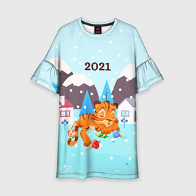 Детское платье 3D с принтом Спящий тигренок в ожидании нового года в Новосибирске, 100% полиэстер | прямой силуэт, чуть расширенный к низу. Круглая горловина, на рукавах — воланы | Тематика изображения на принте: 2022 | год тигра | новый год | новый год 2022 | символ года | тигр | тигренок | тигрица | тигры