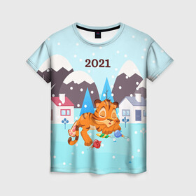 Женская футболка 3D с принтом Спящий тигренок в ожидании нового года в Новосибирске, 100% полиэфир ( синтетическое хлопкоподобное полотно) | прямой крой, круглый вырез горловины, длина до линии бедер | 2022 | год тигра | новый год | новый год 2022 | символ года | тигр | тигренок | тигрица | тигры