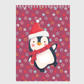 Скетчбук с принтом Пингвин в звездах в Новосибирске, 100% бумага
 | 48 листов, плотность листов — 100 г/м2, плотность картонной обложки — 250 г/м2. Листы скреплены сверху удобной пружинной спиралью | Тематика изображения на принте: звезды | новый год | паттерн | пингвин | праздник