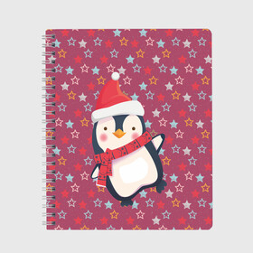 Тетрадь с принтом Пингвин в звездах в Новосибирске, 100% бумага | 48 листов, плотность листов — 60 г/м2, плотность картонной обложки — 250 г/м2. Листы скреплены сбоку удобной пружинной спиралью. Уголки страниц и обложки скругленные. Цвет линий — светло-серый
 | звезды | новый год | паттерн | пингвин | праздник