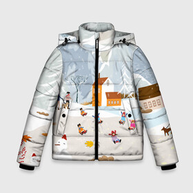 Зимняя куртка для мальчиков 3D с принтом Зимние Забавы 2022 в Новосибирске, ткань верха — 100% полиэстер; подклад — 100% полиэстер, утеплитель — 100% полиэстер | длина ниже бедра, удлиненная спинка, воротник стойка и отстегивающийся капюшон. Есть боковые карманы с листочкой на кнопках, утяжки по низу изделия и внутренний карман на молнии. 

Предусмотрены светоотражающий принт на спинке, радужный светоотражающий элемент на пуллере молнии и на резинке для утяжки | Тематика изображения на принте: 2022 | год | дед | дети | зима | коньки | мороз. | новый | праздники | радость | рождество | санки | санта | снег | счастливого