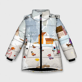 Зимняя куртка для девочек 3D с принтом Зимние Забавы 2022 в Новосибирске, ткань верха — 100% полиэстер; подклад — 100% полиэстер, утеплитель — 100% полиэстер. | длина ниже бедра, удлиненная спинка, воротник стойка и отстегивающийся капюшон. Есть боковые карманы с листочкой на кнопках, утяжки по низу изделия и внутренний карман на молнии. 

Предусмотрены светоотражающий принт на спинке, радужный светоотражающий элемент на пуллере молнии и на резинке для утяжки. | Тематика изображения на принте: 2022 | год | дед | дети | зима | коньки | мороз. | новый | праздники | радость | рождество | санки | санта | снег | счастливого