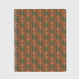 Тетрадь с принтом Абстракция из зеленых и оранжевых восьмиугольников в Новосибирске, 100% бумага | 48 листов, плотность листов — 60 г/м2, плотность картонной обложки — 250 г/м2. Листы скреплены сбоку удобной пружинной спиралью. Уголки страниц и обложки скругленные. Цвет линий — светло-серый
 | abstraction | circle | polygons | shapes | square | абстрактное искусство | абстракция | винтаж | зеленый | знак | искусство | квадрат | коричневый | красочный | круг | многоугольники | оранжевый | ретро | символ | стиль