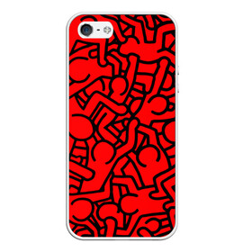 Чехол для iPhone 5/5S матовый с принтом Челопаззл в Новосибирске, Силикон | Область печати: задняя сторона чехла, без боковых панелей | абстракция | красный | пестрый | пиктограмма | человечки