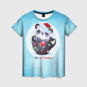 Женская футболка 3D с принтом Панда 2022 в Новосибирске, 100% полиэфир ( синтетическое хлопкоподобное полотно) | прямой крой, круглый вырез горловины, длина до линии бедер | new year | арт | графика | зима | новый год | панда | рождество