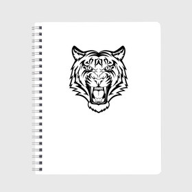 Тетрадь с принтом черно белый тигр в Новосибирске, 100% бумага | 48 листов, плотность листов — 60 г/м2, плотность картонной обложки — 250 г/м2. Листы скреплены сбоку удобной пружинной спиралью. Уголки страниц и обложки скругленные. Цвет линий — светло-серый
 | Тематика изображения на принте: год тигра | новый год | полоски | символ 2022 года | тигр | хищьник