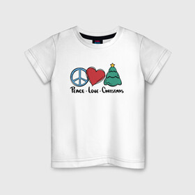 Детская футболка хлопок с принтом Peace Love and Christmas в Новосибирске, 100% хлопок | круглый вырез горловины, полуприлегающий силуэт, длина до линии бедер | Тематика изображения на принте: art | christmas | drawing | heart | love | new year | peace | tree | арт | елка | любовь | мир | новый год | рисунок | рождество | сердце