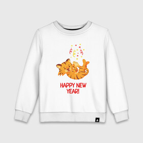 Детский свитшот хлопок с принтом Happy New Year Тигренок 2022 в Новосибирске, 100% хлопок | круглый вырез горловины, эластичные манжеты, пояс и воротник | 2022 | год тигра | новый год | новый год 2022 | символ года | тигр | тигренок | тигрица | тигры