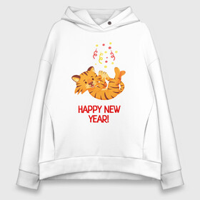 Женское худи Oversize хлопок с принтом Happy New Year Тигренок 2022 в Новосибирске, френч-терри — 70% хлопок, 30% полиэстер. Мягкий теплый начес внутри —100% хлопок | боковые карманы, эластичные манжеты и нижняя кромка, капюшон на магнитной кнопке | Тематика изображения на принте: 2022 | год тигра | новый год | новый год 2022 | символ года | тигр | тигренок | тигрица | тигры