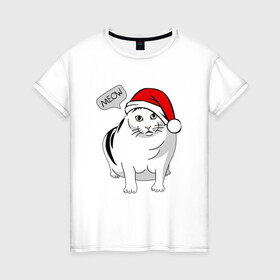 Женская футболка хлопок с принтом НОВОГОДНИЙ КОТ БЕНДЕР МЕМ в Новосибирске, 100% хлопок | прямой крой, круглый вырез горловины, длина до линии бедер, слегка спущенное плечо | 2022 | 22 | bender | cat | christmas | meme | memes | meow | merry | new | snow | winter | year | бендер | год | зима | кот | кошка | мем | мемы | мяй | новый | рождество | снег | толстый