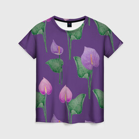 Женская футболка 3D с принтом Разноцветные антуриумы на фиолетовом фоне в Новосибирске, 100% полиэфир ( синтетическое хлопкоподобное полотно) | прямой крой, круглый вырез горловины, длина до линии бедер | 8 марта | anthuriums | flowers | leaves | nature | антуриумы | ботаническая иллюстрация | день рождения | зеленый | листья | природа | растения | фиолетовый | цветы
