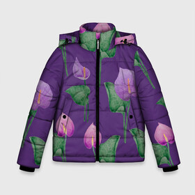 Зимняя куртка для мальчиков 3D с принтом Разноцветные антуриумы на фиолетовом фоне в Новосибирске, ткань верха — 100% полиэстер; подклад — 100% полиэстер, утеплитель — 100% полиэстер | длина ниже бедра, удлиненная спинка, воротник стойка и отстегивающийся капюшон. Есть боковые карманы с листочкой на кнопках, утяжки по низу изделия и внутренний карман на молнии. 

Предусмотрены светоотражающий принт на спинке, радужный светоотражающий элемент на пуллере молнии и на резинке для утяжки | 8 марта | anthuriums | flowers | leaves | nature | антуриумы | ботаническая иллюстрация | день рождения | зеленый | листья | природа | растения | фиолетовый | цветы