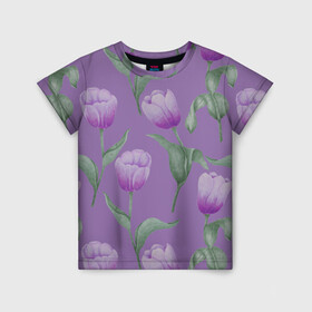Детская футболка 3D с принтом Фиолетовые тюльпаны с зелеными листьями в Новосибирске, 100% гипоаллергенный полиэфир | прямой крой, круглый вырез горловины, длина до линии бедер, чуть спущенное плечо, ткань немного тянется | 8 марта | flowers | leaves | nature | tulips | ботаническая иллюстрация | день рождения | зеленый | листья | природа | растения | тюльпаны | фиолетовый | цветы