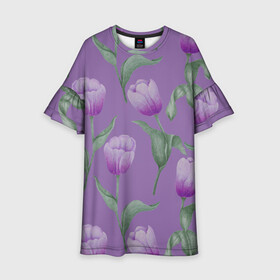Детское платье 3D с принтом Фиолетовые тюльпаны с зелеными листьями в Новосибирске, 100% полиэстер | прямой силуэт, чуть расширенный к низу. Круглая горловина, на рукавах — воланы | 8 марта | flowers | leaves | nature | tulips | ботаническая иллюстрация | день рождения | зеленый | листья | природа | растения | тюльпаны | фиолетовый | цветы