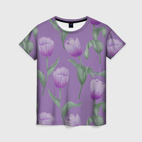 Женская футболка 3D с принтом Фиолетовые тюльпаны с зелеными листьями в Новосибирске, 100% полиэфир ( синтетическое хлопкоподобное полотно) | прямой крой, круглый вырез горловины, длина до линии бедер | 8 марта | flowers | leaves | nature | tulips | ботаническая иллюстрация | день рождения | зеленый | листья | природа | растения | тюльпаны | фиолетовый | цветы