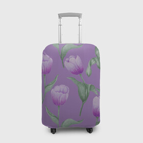 Чехол для чемодана 3D с принтом Фиолетовые тюльпаны с зелеными листьями в Новосибирске, 86% полиэфир, 14% спандекс | двустороннее нанесение принта, прорези для ручек и колес | 8 марта | flowers | leaves | nature | tulips | ботаническая иллюстрация | день рождения | зеленый | листья | природа | растения | тюльпаны | фиолетовый | цветы