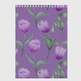 Скетчбук с принтом Фиолетовые тюльпаны с зелеными листьями в Новосибирске, 100% бумага
 | 48 листов, плотность листов — 100 г/м2, плотность картонной обложки — 250 г/м2. Листы скреплены сверху удобной пружинной спиралью | Тематика изображения на принте: 8 марта | flowers | leaves | nature | tulips | ботаническая иллюстрация | день рождения | зеленый | листья | природа | растения | тюльпаны | фиолетовый | цветы