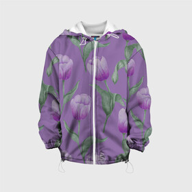 Детская куртка 3D с принтом Фиолетовые тюльпаны с зелеными листьями в Новосибирске, 100% полиэстер | застежка — молния, подол и капюшон оформлены резинкой с фиксаторами, по бокам — два кармана без застежек, один потайной карман на груди, плотность верхнего слоя — 90 г/м2; плотность флисового подклада — 260 г/м2 | 8 марта | flowers | leaves | nature | tulips | ботаническая иллюстрация | день рождения | зеленый | листья | природа | растения | тюльпаны | фиолетовый | цветы