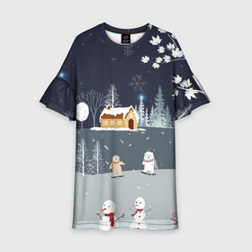 Детское платье 3D с принтом Снеговики и Мишки 2022 в Новосибирске, 100% полиэстер | прямой силуэт, чуть расширенный к низу. Круглая горловина, на рукавах — воланы | 2022 | год | дед | дети | зима | коньки | мишки | мороз | новый | праздники | радость | рождество | санки | санта | снег | снеговик | счастливого
