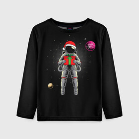 Детский лонгслив 3D с принтом Астронавт с подарком Astronaut and Gift в Новосибирске, 100% полиэстер | длинные рукава, круглый вырез горловины, полуприлегающий силуэт
 | Тематика изображения на принте: space | астронавт | дед мороз | звезда | космонавт | космос | новый год | планета | подарок | рождество | санта