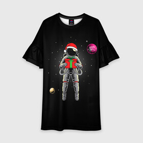 Детское платье 3D с принтом Астронавт с подарком / Astronaut and Gift в Новосибирске, 100% полиэстер | прямой силуэт, чуть расширенный к низу. Круглая горловина, на рукавах — воланы | space | астронавт | дед мороз | звезда | космонавт | космос | новый год | планета | подарок | рождество | санта