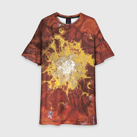 Детское платье 3D с принтом Коллекция Journey Обжигающее солнце 396-134 в Новосибирске, 100% полиэстер | прямой силуэт, чуть расширенный к низу. Круглая горловина, на рукавах — воланы | abstraction | fractal | orange | red | sunny | yellow | абстракция | желтый | красный | оранжевый | солнечный | фрактал
