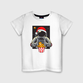 Детская футболка хлопок с принтом Космонавт и Новогоднее печенье Cosmonaut and cookies в Новосибирске, 100% хлопок | круглый вырез горловины, полуприлегающий силуэт, длина до линии бедер | space | астронавт | дед мороз | звезда | космонавт | космос | новый год | планета | подарок | рождество | санта