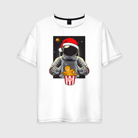 Женская футболка хлопок Oversize с принтом Космонавт и Новогоднее печенье Cosmonaut and cookies в Новосибирске, 100% хлопок | свободный крой, круглый ворот, спущенный рукав, длина до линии бедер
 | space | астронавт | дед мороз | звезда | космонавт | космос | новый год | планета | подарок | рождество | санта