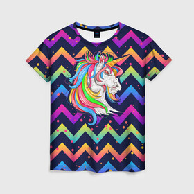Женская футболка 3D с принтом Cерьезный Единорог Frowning Unicorn в Новосибирске, 100% полиэфир ( синтетическое хлопкоподобное полотно) | прямой крой, круглый вырез горловины, длина до линии бедер | angry | neon | unicorn | единорог | злой | кислотный | конь | лошадь | неон | пони | радуга | радужный | сердитый | серьезный | хмурый | юникорн
