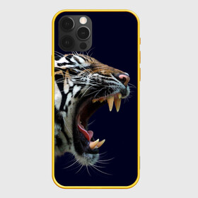 Чехол для iPhone 12 Pro с принтом Оскал тигра | Большая кошка в Новосибирске, силикон | область печати: задняя сторона чехла, без боковых панелей | 2022 | big teeth | fangs | grin | tiger | tigr | tigris | большая кошка | большие зубы | клыки | новый год | оскалиться | острые клыки | полосатая кошка | скалить | скалить зубы | тигр