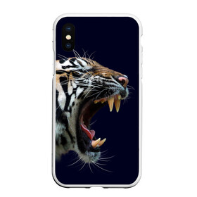 Чехол для iPhone XS Max матовый с принтом Оскал тигра | Большая кошка в Новосибирске, Силикон | Область печати: задняя сторона чехла, без боковых панелей | 2022 | big teeth | fangs | grin | tiger | tigr | tigris | большая кошка | большие зубы | клыки | новый год | оскалиться | острые клыки | полосатая кошка | скалить | скалить зубы | тигр