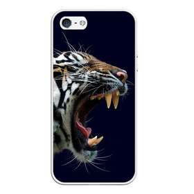 Чехол для iPhone 5/5S матовый с принтом Оскал тигра | Большая кошка в Новосибирске, Силикон | Область печати: задняя сторона чехла, без боковых панелей | 2022 | big teeth | fangs | grin | tiger | tigr | tigris | большая кошка | большие зубы | клыки | новый год | оскалиться | острые клыки | полосатая кошка | скалить | скалить зубы | тигр