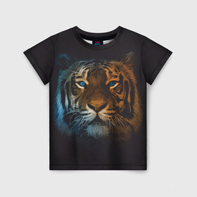 Детская футболка 3D с принтом Тигр с голубыми глазами в Новосибирске, 100% гипоаллергенный полиэфир | прямой крой, круглый вырез горловины, длина до линии бедер, чуть спущенное плечо, ткань немного тянется | Тематика изображения на принте: tiger | животное | символ года | тигр | хищник