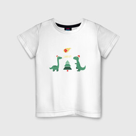 Детская футболка хлопок с принтом динозаврики и елка в Новосибирске, 100% хлопок | круглый вырез горловины, полуприлегающий силуэт, длина до линии бедер | дед мороз | динозавр | ёлка | зима | игрушки | новый год | снегурка