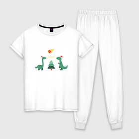Женская пижама хлопок с принтом динозаврики и елка в Новосибирске, 100% хлопок | брюки и футболка прямого кроя, без карманов, на брюках мягкая резинка на поясе и по низу штанин | дед мороз | динозавр | ёлка | зима | игрушки | новый год | снегурка