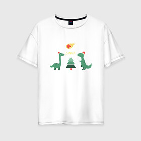 Женская футболка хлопок Oversize с принтом динозаврики и елка в Новосибирске, 100% хлопок | свободный крой, круглый ворот, спущенный рукав, длина до линии бедер
 | дед мороз | динозавр | ёлка | зима | игрушки | новый год | снегурка