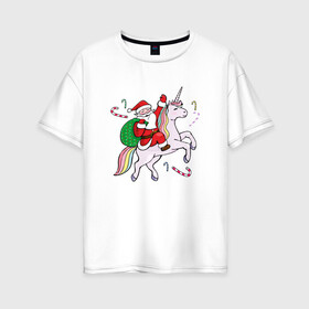 Женская футболка хлопок Oversize с принтом дед мороз на единороге 2022 в Новосибирске, 100% хлопок | свободный крой, круглый ворот, спущенный рукав, длина до линии бедер
 | 2022 | дед мороз | единорог | елка | ёлки | клаус | новогодний | новый год | санта | снегурочка