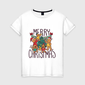 Женская футболка хлопок с принтом Merry Christmas в Новосибирске, 100% хлопок | прямой крой, круглый вырез горловины, длина до линии бедер, слегка спущенное плечо | art | christmas | cookies | drawing | herringbone | holiday | merry christmas | new year | star | toys | tree | арт | елка | елочка | звезда | игрушки | новый год | печенье | праздник | рисунок | рождество