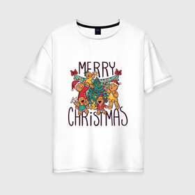 Женская футболка хлопок Oversize с принтом Merry Christmas в Новосибирске, 100% хлопок | свободный крой, круглый ворот, спущенный рукав, длина до линии бедер
 | art | christmas | cookies | drawing | herringbone | holiday | merry christmas | new year | star | toys | tree | арт | елка | елочка | звезда | игрушки | новый год | печенье | праздник | рисунок | рождество