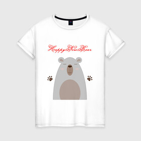 Женская футболка хлопок с принтом Happy New Bear в Новосибирске, 100% хлопок | прямой крой, круглый вырез горловины, длина до линии бедер, слегка спущенное плечо | дикая природы | животное | животные | звери | зверь | медведь | медвежонок | мишка | новогодний | новый год | рождественский | рождество | с новым годом