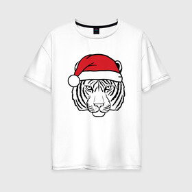 Женская футболка хлопок Oversize с принтом Тигр в новогодней шапке. в Новосибирске, 100% хлопок | свободный крой, круглый ворот, спущенный рукав, длина до линии бедер
 | 2022 | happy new year | merry christmas | год тигра | зима близко | нг | новогодний | новогодний тигр | новый год | новый год 2022 | праздник | рождество | символ 2022 года | тигр