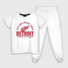 Детская пижама хлопок с принтом Detroit Red Wings | Детройт Ред Вингз в Новосибирске, 100% хлопок |  брюки и футболка прямого кроя, без карманов, на брюках мягкая резинка на поясе и по низу штанин
 | Тематика изображения на принте: detroit | hockey | ice | nhl | red | sport | team | wings | winter | вингз | детройт | красные | крылья | лед | нхл | ред | спорт | хоккеей | шайбу
