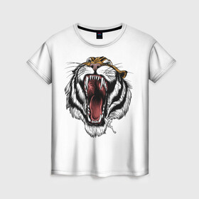 Женская футболка 3D с принтом рык в Новосибирске, 100% полиэфир ( синтетическое хлопкоподобное полотно) | прямой крой, круглый вырез горловины, длина до линии бедер | зверь | новый год | оскал | подарок | символ года | тигр | хищник
