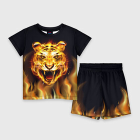 Детский костюм с шортами 3D с принтом Тигр В Пламени в Новосибирске,  |  | зверь | огненный тигр | огонь | пламя | рисунок | тигр | хищник