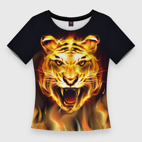 Женская футболка 3D Slim с принтом Тигр В Пламени в Новосибирске,  |  | Тематика изображения на принте: зверь | огненный тигр | огонь | пламя | рисунок | тигр | хищник